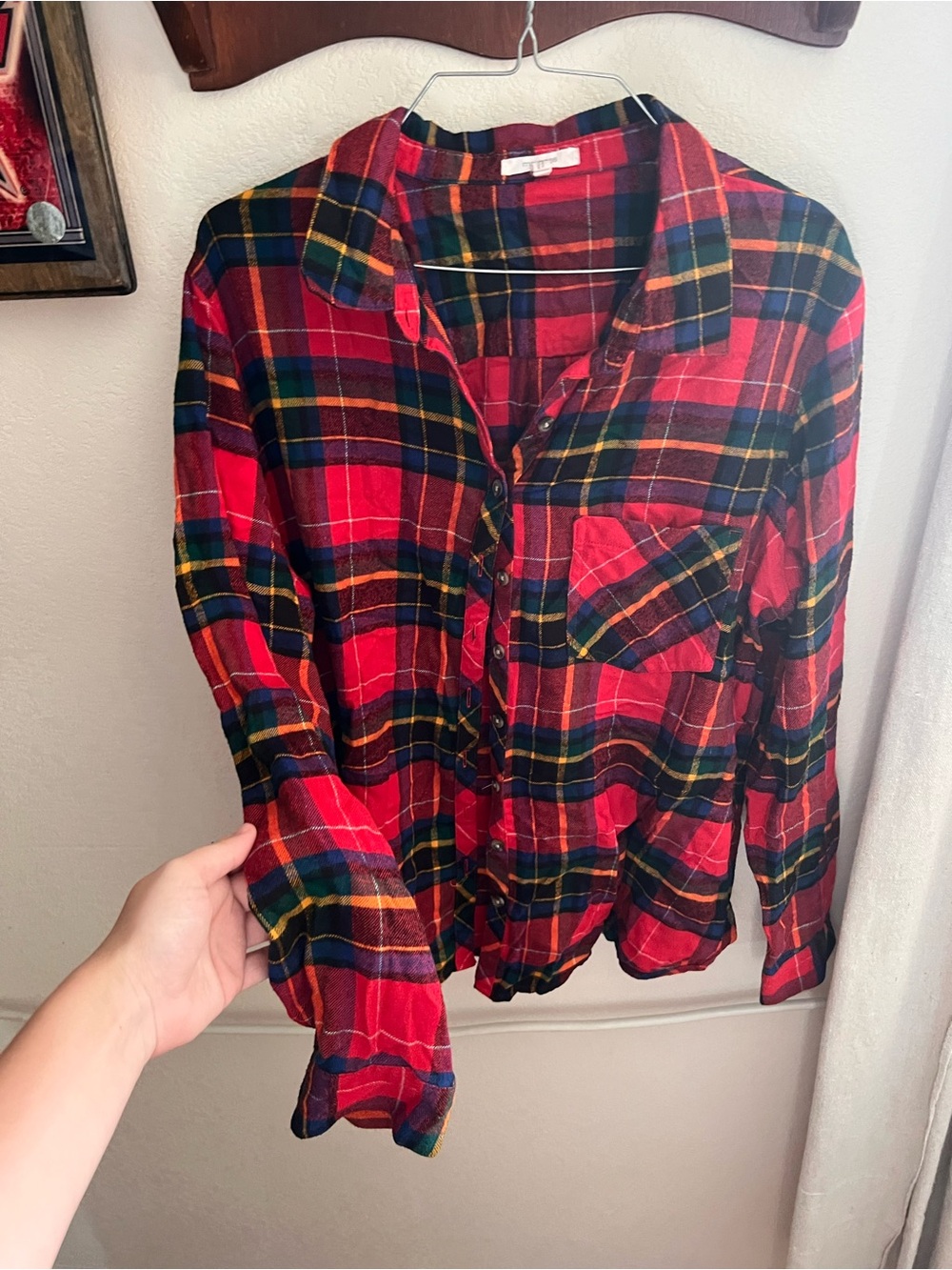 Maurices Red Plaid Button-Down Shirt with Green and Navy Accents